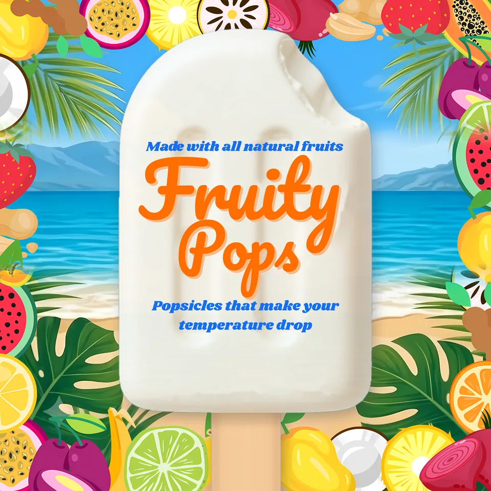Fruity Pops ice pop on a tropical beach surrounded by fruit