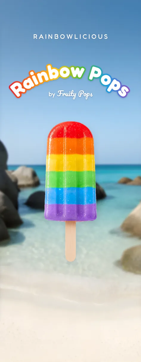 Rainbow Pops by Fruity Pops package preview with a striped rainbow ice pop at the beach